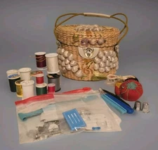  Sewing Wicker Basket With Accessories,  Made In The Philippines/Vintage 
