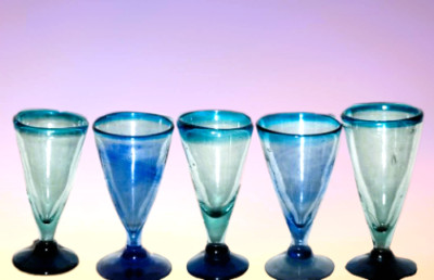 5 Blue & Green Goblets Wine Glasses Handblown Bubbles Mexico Mixed Drinks Vtg ?