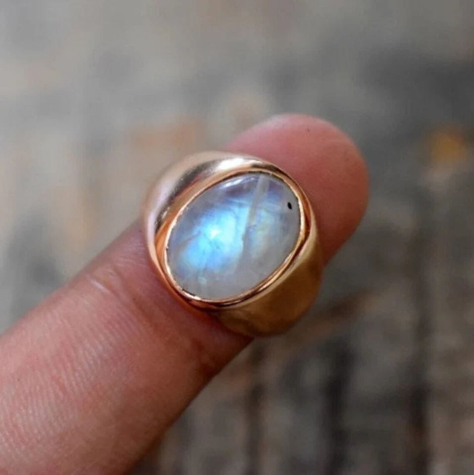 Anillo de piedra lunar arco iris natural para hombre anillo de oro para hombre anillo de sello de piedra lunar de fuego azul Foto 3 de 4