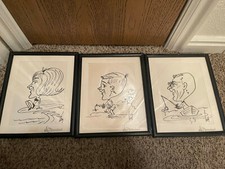 3 Vintage 1965 Disneyland Cartoon hand Drawings. framed