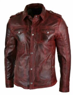 Burgundy Men's Leather Shirt Classy Casual Genuine Lambskin Leather Stylish