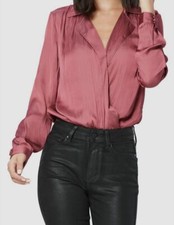  179 Paige Women's Pink Long-Sleeves V-Neck Wrap Satin Bodysuit Size X-Small