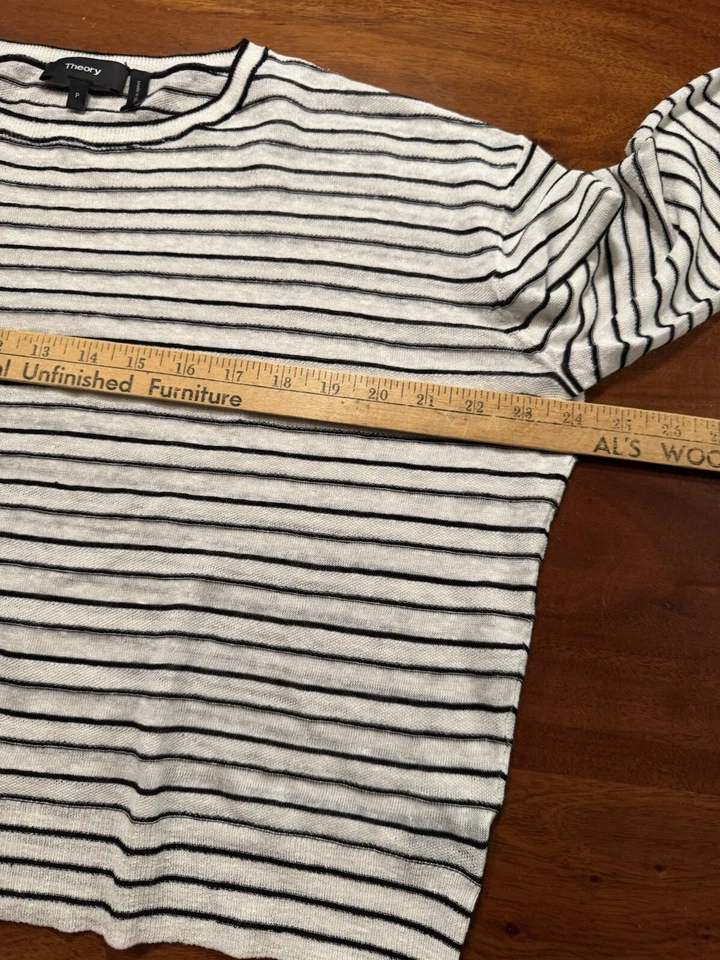 Theory Trinella 白色亚麻针织条纹方格合身长袖衬衫上衣 P 码 — 第 3/4 张图片