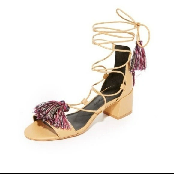 Rebecca Minkoff Isla Naturo ankle wrap tassel beige leather open toe sandals - Image 2 of 4