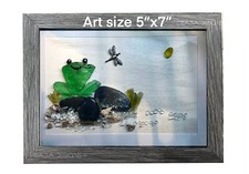 New, Handmade Sea Glass Art, sea glass Frog, Wall Art, Frame, Pebbles, Dragonfly