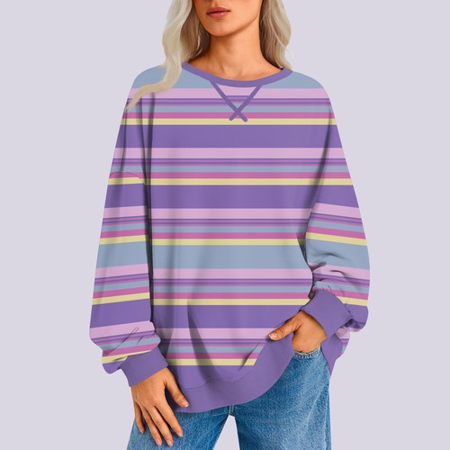 Felpa girocollo donna oversize a righe manica lunga casual Y2K camicia top - Foto 13 di 34