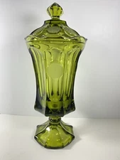 Fostoria Olive Green Coin Glass Elegant Footed Covered Candy Dish 13” Vintage