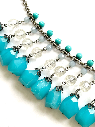 AMERICAN EAGLE OUTFITTERS GLASS TEAL BEAD BEADED TASSELS 18” STATEMENT NECKLACE - Picture 4 of 5