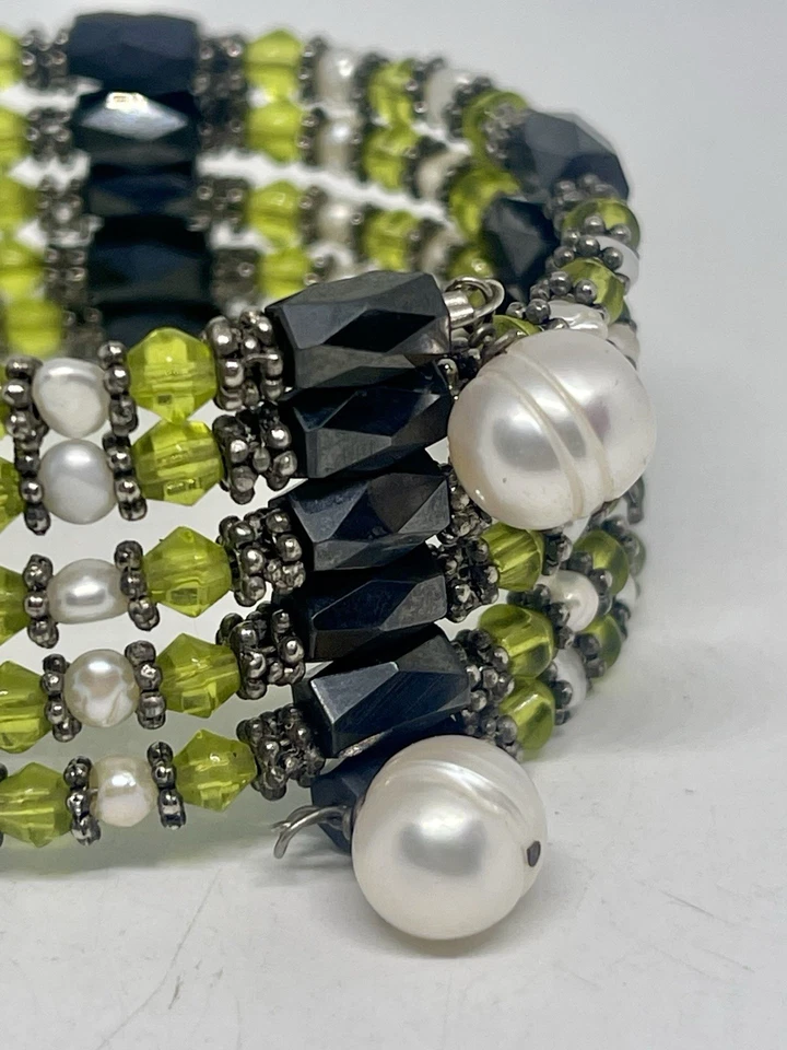 正品磁性赤铁矿绿色水晶和真珍珠珠包裹式手链 36 英寸 — 第 4/4 张图片