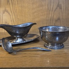 LOT Silverplated Gravy Boat, Gravy Ladle, And Serving Bowl Heavy Patina