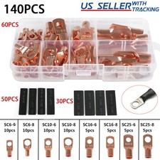 US 140pcs Battery Terminals Bare Copper Ring Lug Connector Wire Gauge SC6-25
