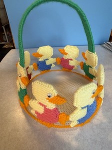 Vintage Handmade Easter Plastic Canvas Yarn Needlework Basket, 8 inch 3D