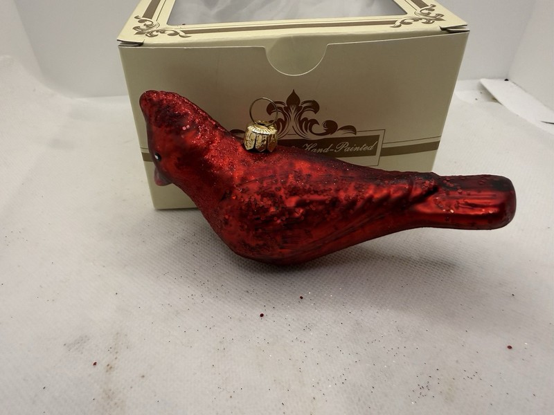 Red Cardinal Mouth Blown Hand Painted Glass Christmas Ornament Made In Poland 5”