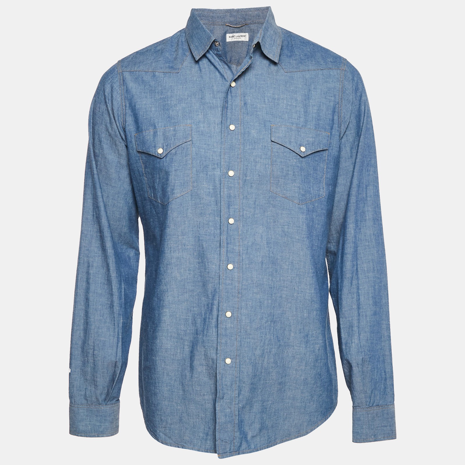 Camicia Saint Laurent Paris blu chambray con bottoni davanti XL
