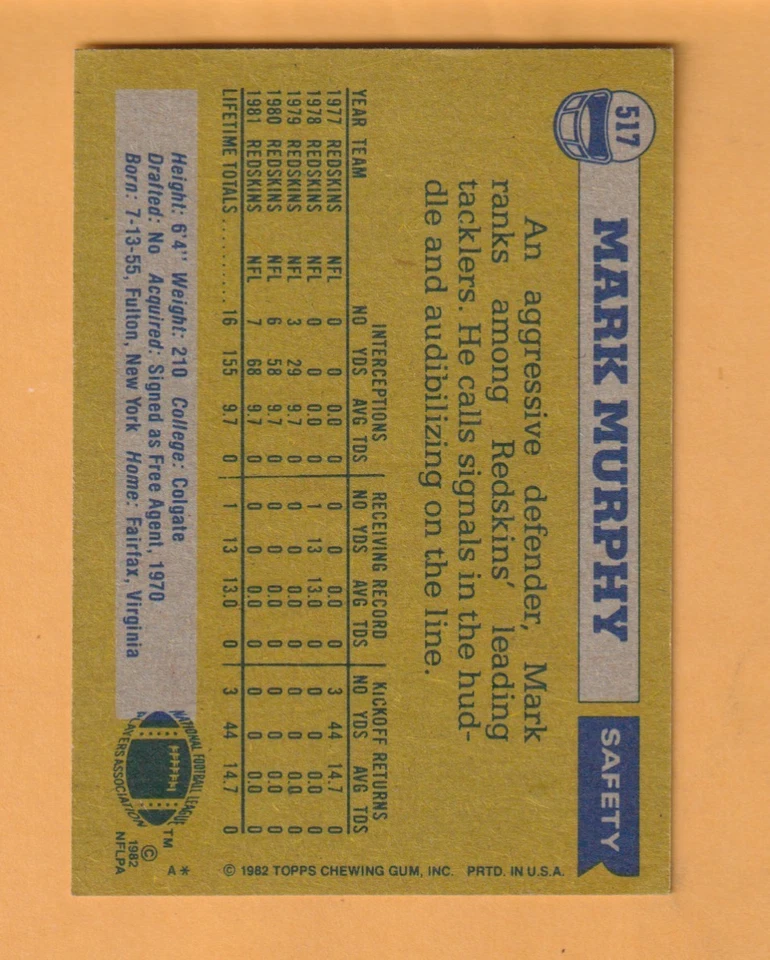 Mark Murphy Washington Redskins AUTO Signed 1982 Topps Clarence New York - Image 2 of 2