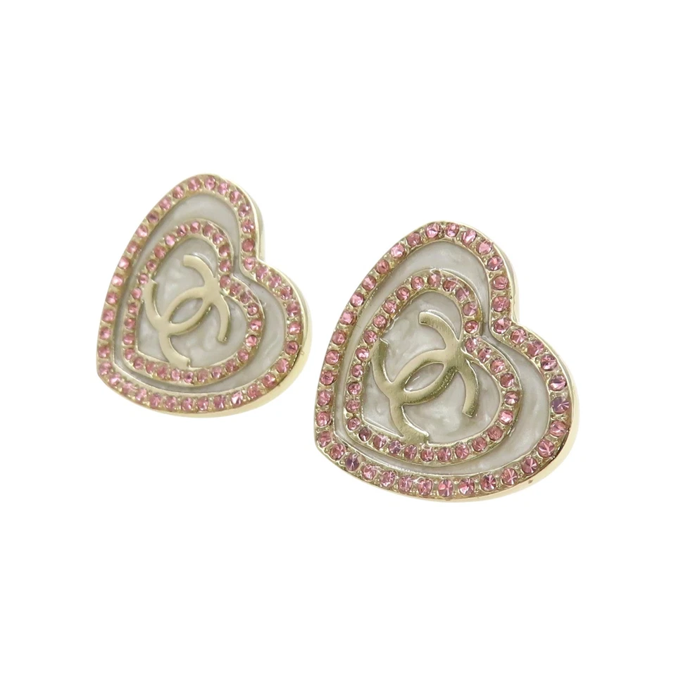 Pendientes Corazón Chanel CC Cristales Rosa Tono Dorado Foto 3 de 4