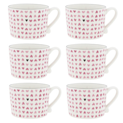 6er Set Tassen Hearts all over Herzen weiß rosa 300ml Bastion Collections