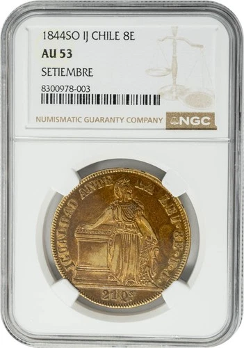 1844SO IJ Chile Gold 8 Escudos Setiembre .7614 AGW AU53 NGC 950610-3