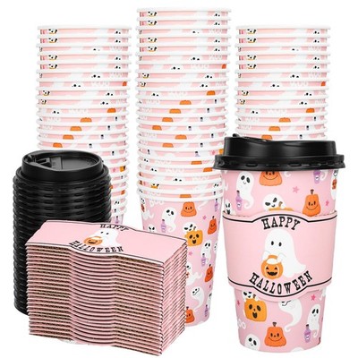 Whaline 50Pcs 16Oz Halloween Disposable Coffee 3.5 inches x 5.5 inches, Pink 
