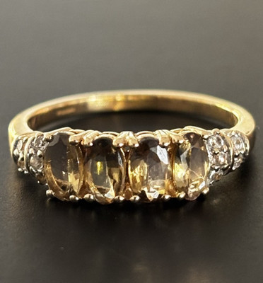 Cluster-Ring 9 kt 375 Gelbgold Rauchquarz & Diamant, Größe M, US 6,25