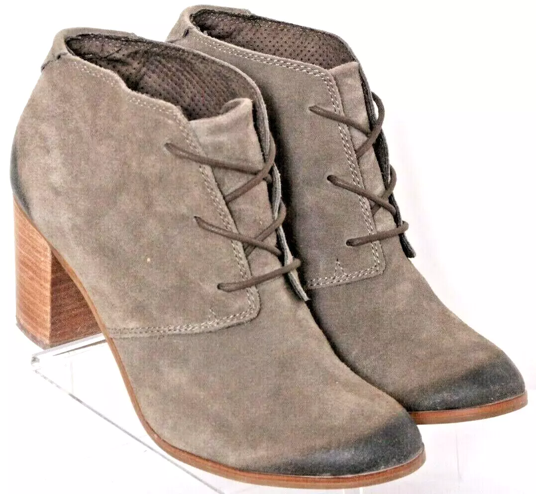 Toms Lunata Tarmac Gray Suede Lace Up Distressed High Heel Boots