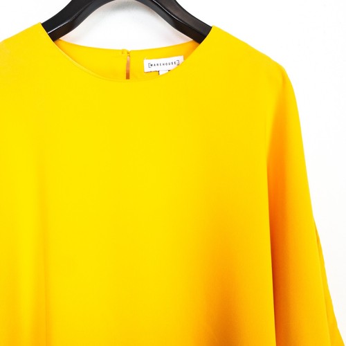 Warehouse Burnt Yellow Round Neck Slit Sleeve Satin Look Blouse - Size 12 - Picture 3 of 19