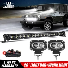 20'' Hood LED Light Bar Spot Flood +2x Pods +Wire Offroad UTV Truck Jeep JK JL