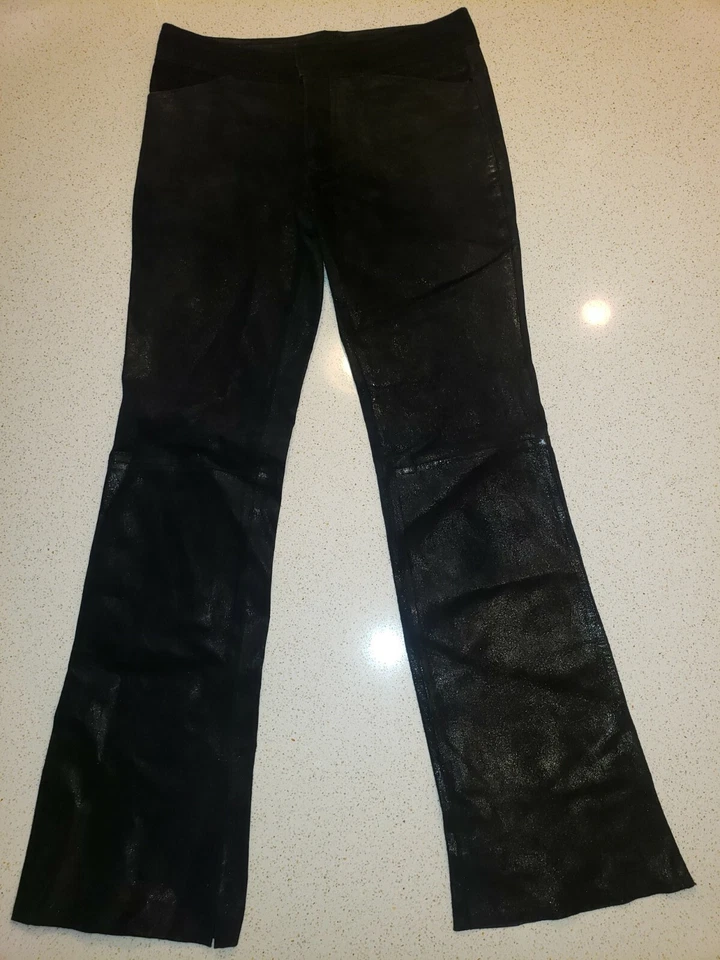Pantalones de cuero Bootcut de colección para mujer 3 Lux motociclista negros gamuza agrietada tiro medio forrados Foto 4 de 4