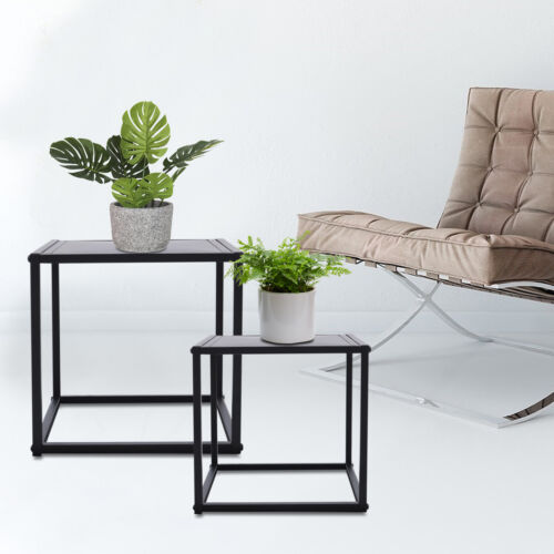 2PC Modern Metal Square Tray Coffee Table End Table/Side Table Stand Matt Black
