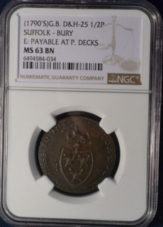 1790s Sufflok 1/2 Penny Conder Token NGC MS 63 BN