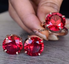 925 Argento Sterling Set Di Anello & Orecchino 14.00 MM Rotondo Rosso
