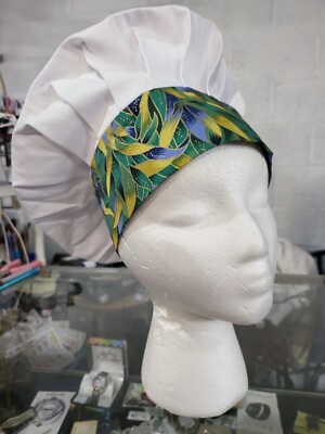 6 Toque Caps Chef Hat Adj Size White / Green Breathable Cotton Polyester