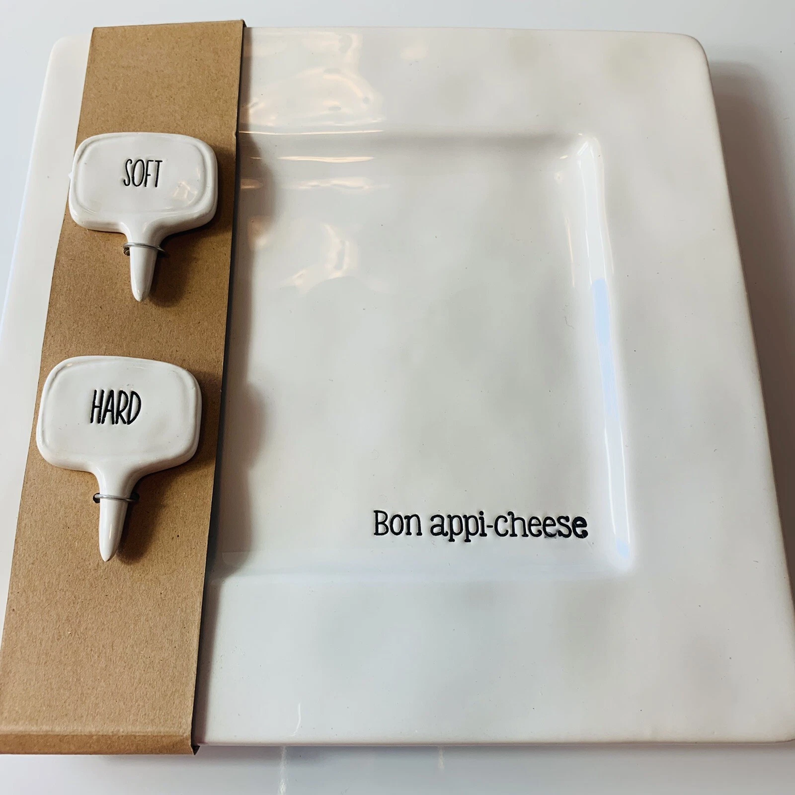 Mud Pie Bon Appi-Cheese Plate Square Embossed White Cheese Plate Markers 8” X 8”