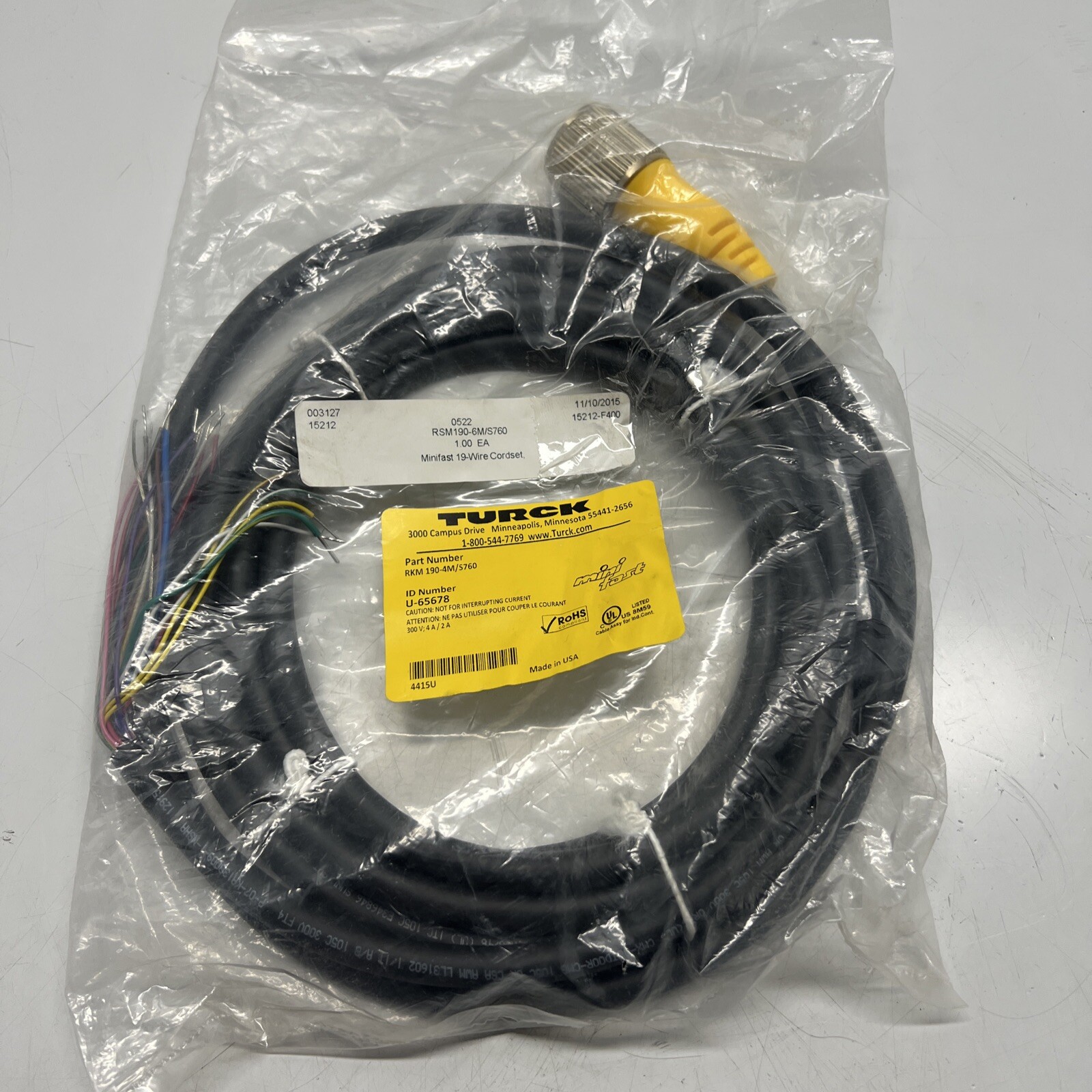 NEW, TURCK, MINIFAST 19 WIRE CORDSET, RKM 190-4M/S760, 300V, 4A. (1F-2)