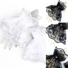 Black Lace Wrist Cuffs - Halloween Gothic Bracelets Bowknot Fingerless Gloves