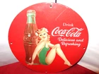 VINTAGE  11 3/4 in SEXY LADY & BOTTLE COCA-COLA SIGN HEAVY METAL PORCELAIN # 943