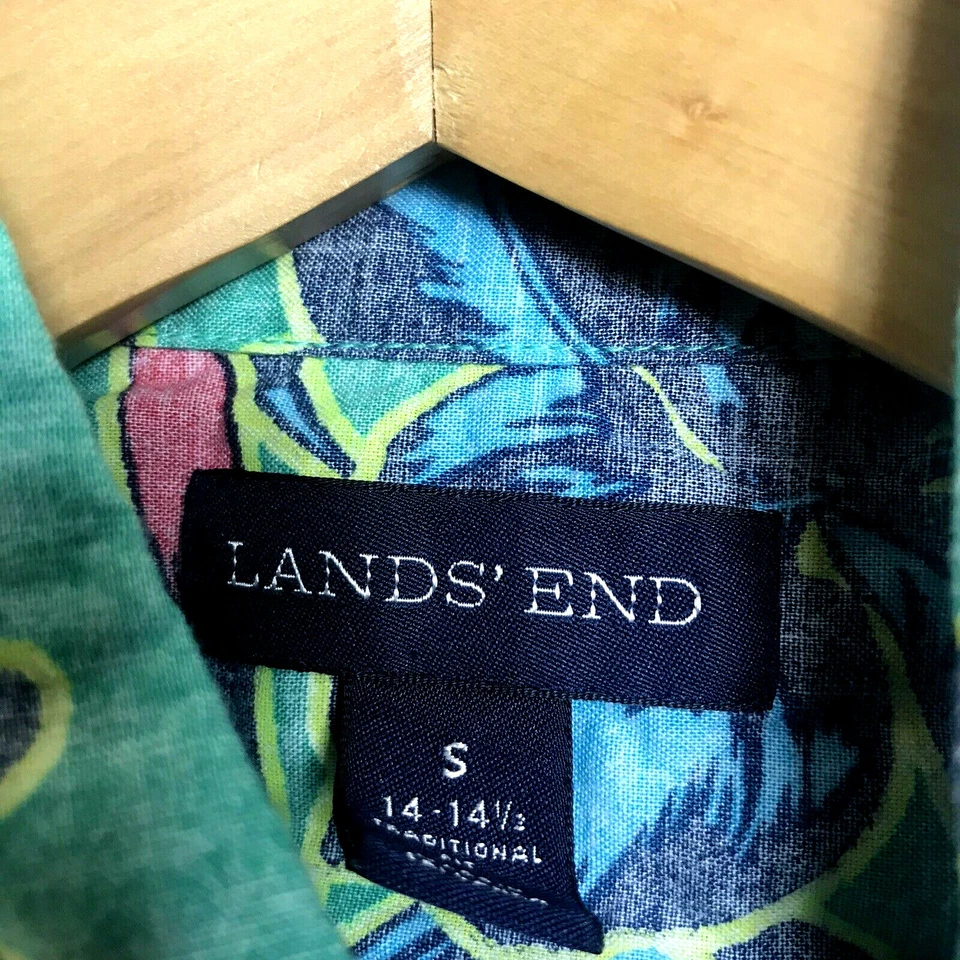 Camisa Lands' End Para Hombre Talla Pequeña Manga Corta Verde Brillante Floral Botón Frontal Foto 2 de 4