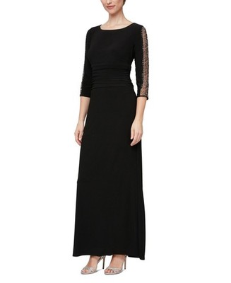 New $139 SL Fashions Ruched Beaded 3/4-Sleeve Gown Dress Women's Size 16P Black