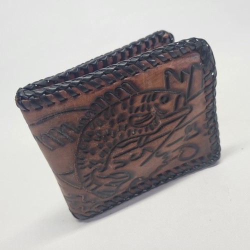Fish Tooled Leather Wallet Bass Mexican Stitched Handmade Brown Distressed Vtg - Picture 3 of 8