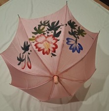 Vintage Pink Japanese Silk Parasol Floral Design With Wood Handle