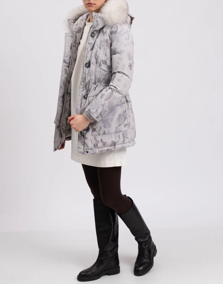 RRP €600 WOOLRICH Down Parka Jacket Size L Grey Camouflage Fox Fur Trim Hooded - Image 2 of 4