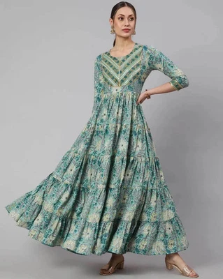 Indian Women Green Cotton Floral Printed Anarkali Flared Kurta Kurti Long Dress - Image 1 of 4