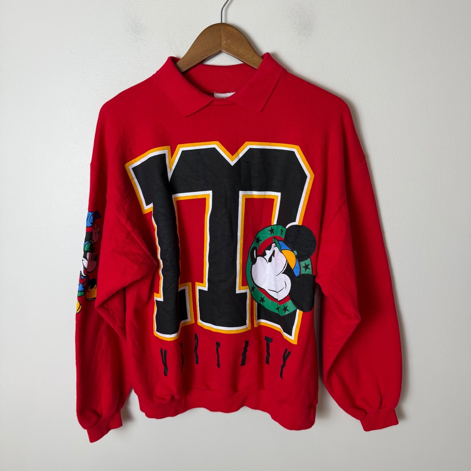 Vintage 90s Mickey & Co Red Sweatshirt Varsity Mickey Mouse Polo Collar Medium