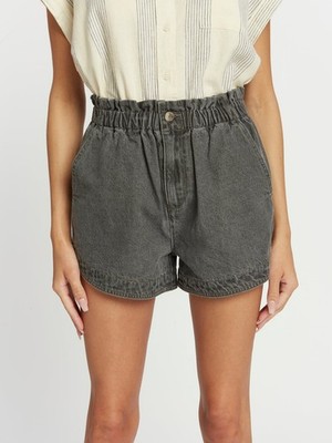 Thread & Supply Paperbag Denim Shorts Black High Rise Relaxed Fit Size S