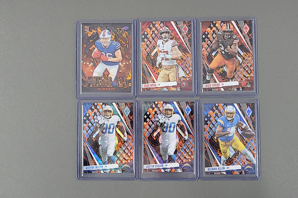 2023 Panini Phoenix Dalton Kincaid Bosa Allen Ekeler Fired Up Lava /150 RC LOT6