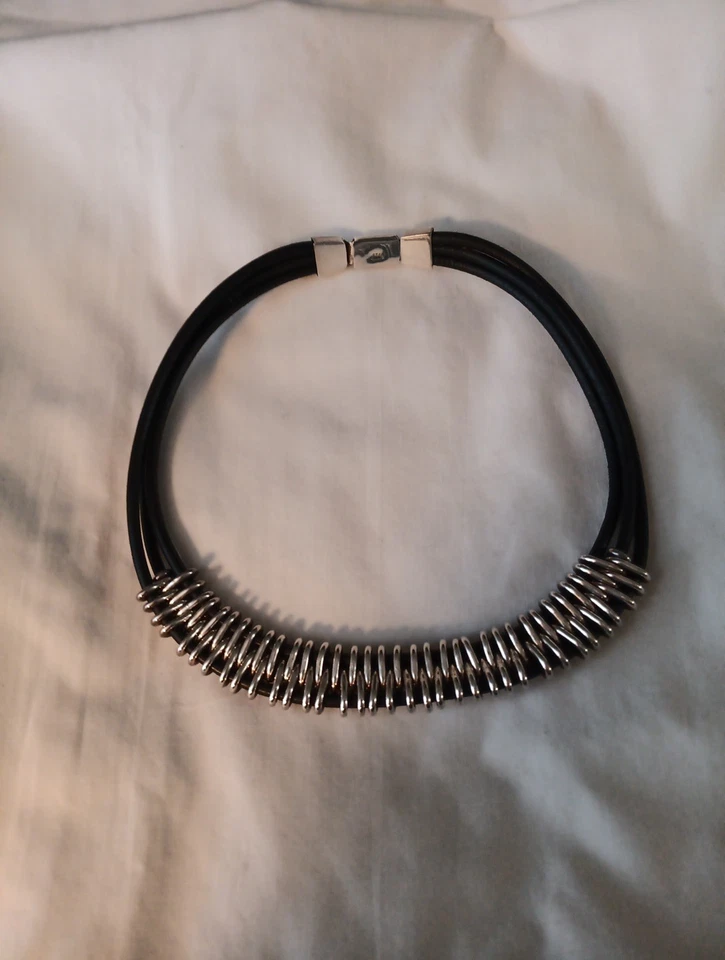 Juego de collar y pulsera de plata de ley 925 de 3 hilos de cuero negro vintage Foto 3 de 4