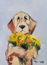 Jose Trujillo Art PRINT 16x20 Collectible Artist Painting Retriever Dog Flowers
