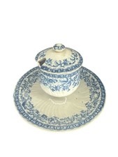 ANCIENNE MOUTARDIER FAIENCE FER DE TERRE MODELE ROUNE 37 BLEU GIEN SIGNE XIX