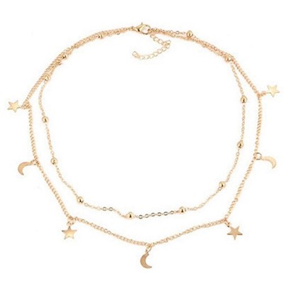 Mond Stern Halskette Lagenlook Satellitenkette Choker Doppelkette Goldkette