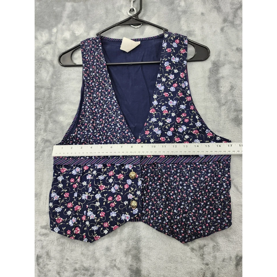 Chaleco Vintage Floral Rayas Sin Mangas Talla 7/8 Azul Marino Rosa Corbata Back Office Foto 2 de 4